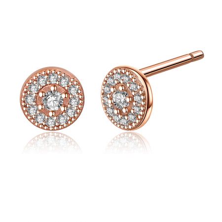 Detailed macro shot of the sparkling cubic zirconia cluster on the rose gold stud earring.