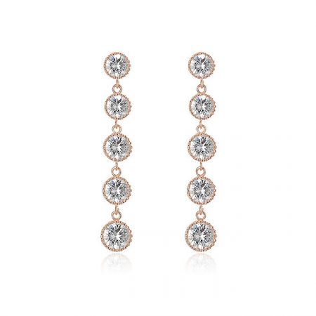 Fine Elegant Long Rhinestone Bride Earrings - A pair of fine elegant long rhinestone bride earrings (JRE-068) in rose gold, featuring a vertical arrangement of five clear, sparkling crystals, perfect for wedding jewelry.