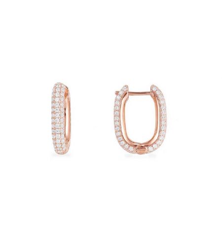Sparkling Huggie Earrings - A close-up view of the Sparkling Huggie Earrings (JRE-098), showcasing their gold plating and intricate white cubic zirconia encrustation in a rounded square huggie design.