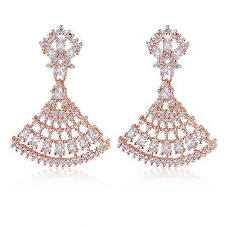 Sweet Rose Fan Drops - A pair of Sweet Rose Fan Drops earrings, featuring a fan-shaped design in rose-gold plated brass, adorned with sparkling clear cubic zirconia stones.