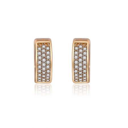 Wide Pave Set Rose Gold Huggie Earrings - A pair of Wide Pave Set Rose Gold Huggie Earrings, each featuring 15 sparkling cubic zirconia stones in a 3x5 grid.