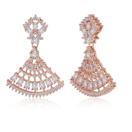 Side angle of the Sweet Rose Fan Drops earrings highlighting the peacock-inspired fan design and rose gold finish.