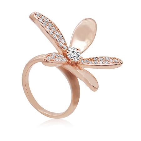 Angled view of the rose gold Large Daisy Flower Ring showcasing its intricate details and cubic zirconia stones.