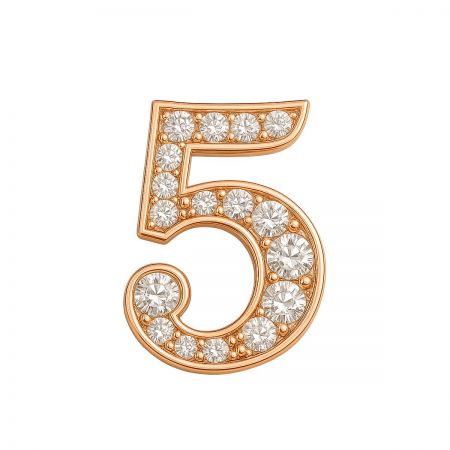 Detailed view of a rose gold number 5 brooch, perfect for a 5th anniversary.