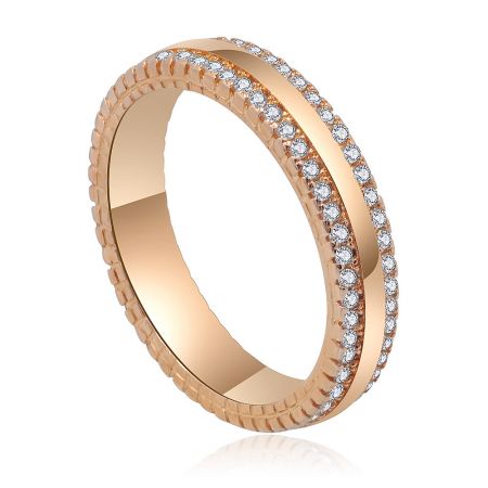 Detailed view of the rose gold wedding band highlighting the intricate cubic zirconia inlays.