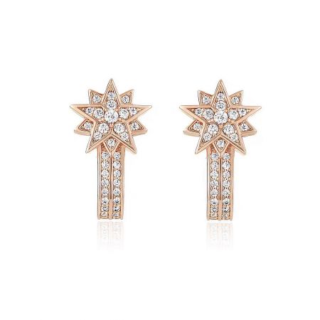 Starburst Long Drop Earrings - A close-up of the Starburst Long Drop Earrings in rose gold, showcasing the intricate star design studded with sparkling cubic zirconia diamonds.