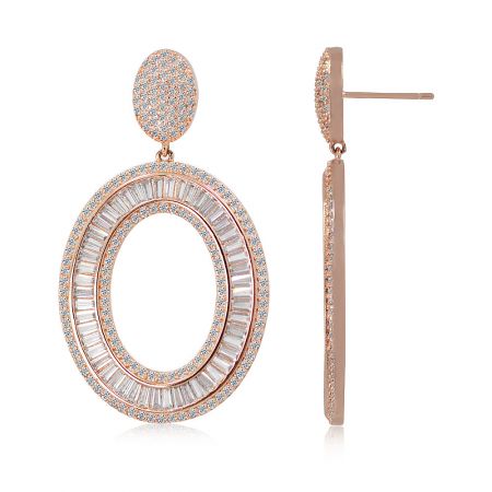 Detailed view of the Oval Drops Of Fabulous earrings showcasing the clear round and baguette gemstones.