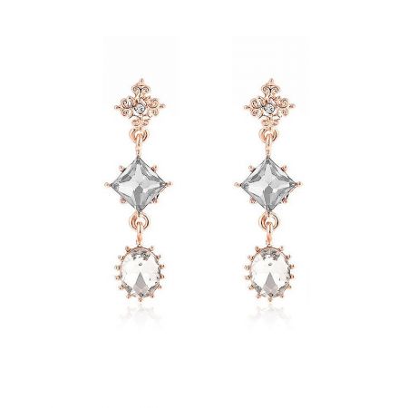 Sparkly Glass Diamond Geometric Dangle Earrings - Sparkly Glass Diamond Geometric Dangle Earrings in rose gold, featuring a clear square and round gemstone design.