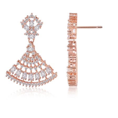 Detailed view of the Sweet Rose Fan Drops earrings showing the multiple layers of clear gemstones in a geometric pattern.