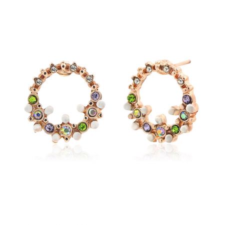 Detailed view of the Pink Rose Gold Enamel Stud Earrings showcasing the vibrant multicolor gemstones and pearls.
