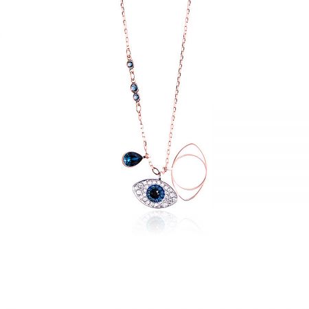 Evil Eye Charm Pendant - Close-up of the Evil Eye Charm Pendant JRN-026 in rose gold, showcasing the intricate blue and clear gemstones on a delicate chain.