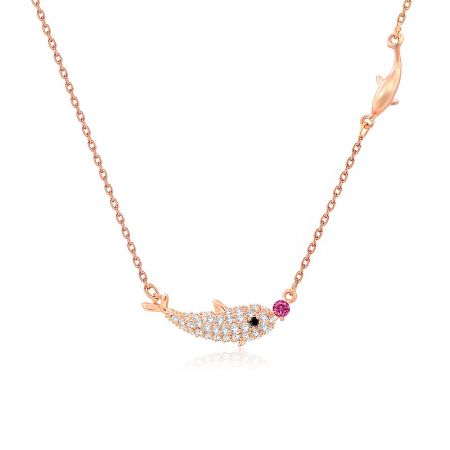 Dolphin Zirconia Necklace - Close-up of the Dolphin Zirconia Necklace, showcasing the detailed rose gold pendant with a sparkling cubic zirconia dolphin and a smaller polished dolphin charm.