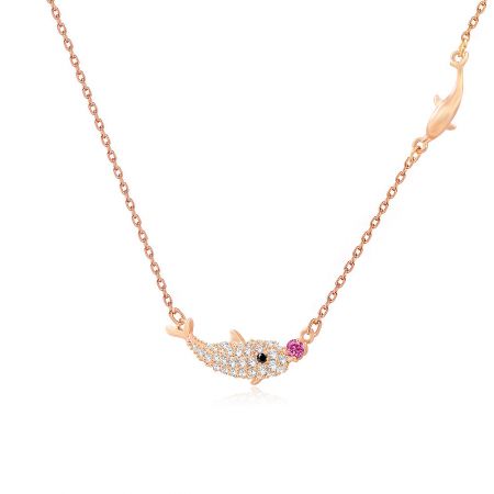Angled shot of the dolphin zirconia necklace, highlighting the shimmer of the clear and colored gemstones.