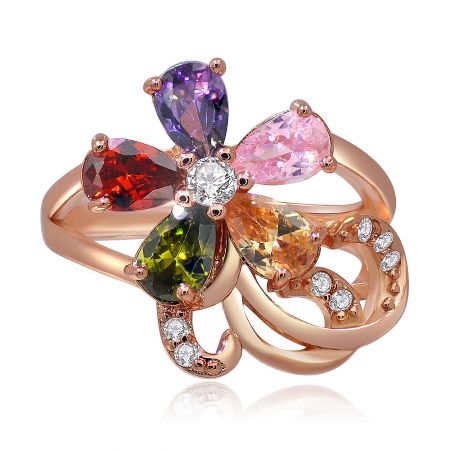 Exquisite rose gold flower ring adorned with multicolor cubic zirconia.
