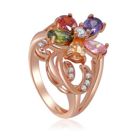 Side view of the multicolor CZ flower ring, highlighting the double-band structure and pavé diamonds.