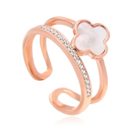 Side view of the Leaf Clover MOP Shell CZ Ring showcasing the diamond-studded band.