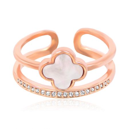 Leaf Clover MOP Shell CZ Ring - Elegant Leaf Clover MOP Shell CZ Ring in rose gold plating with sparkling cubic zirconia accents.