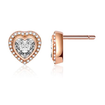Detailed view of the rose gold heart stud earring, showcasing a central heart-cut cubic zirconia surrounded by smaller pavé set stones.