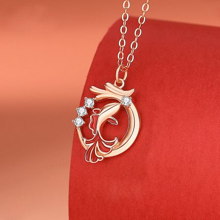 925 Sterling Silver Chinese Goldfish Charm Necklace Set of 5 - A detailed close-up of the 925 sterling silver Chinese goldfish charm necklace, showcasing the intricate design of the koi fish pendant with delicate diamond accents.