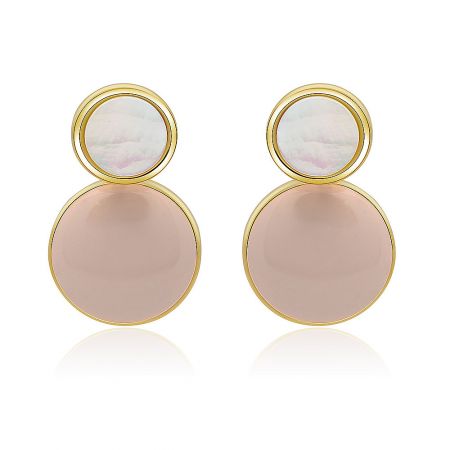 Spring Enamel Shell Round Disc Earrings - Spring Enamel Shell Round Disc Earrings with a two-layered design, featuring a marbled white seashell top and a rose-gold finish bottom, framed in gold-colored metal.