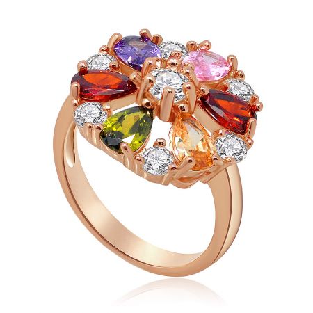 Side view of the multicolor gemstone ring, highlighting the intricate rose gold setting and brilliant cut stones.