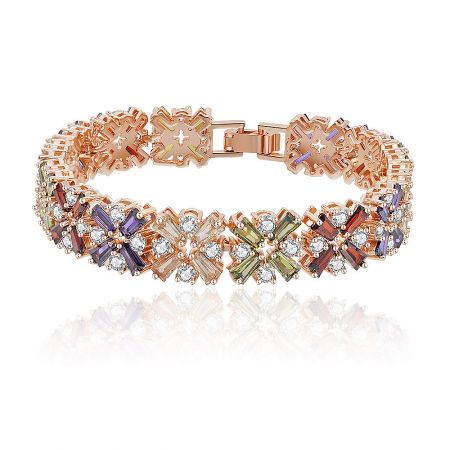 Rose Gold Plated Multicolor Sparkle Bracelet - A close-up of the Rose Gold Plated Multicolor Sparkle Bracelet, showcasing its intricate floral pattern with olive, red, purple, and champagne cubic zirconia stones.