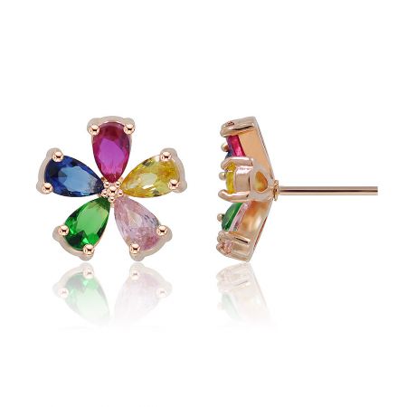 Front and back view of the rose gold Multi Color Five Petals Earring, highlighting the floral design and the post and clasp closure.