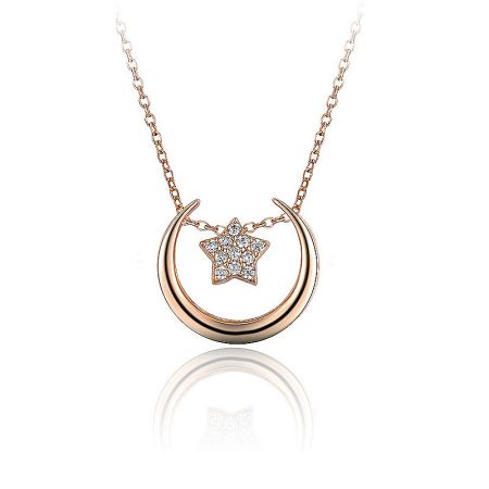 Elegant rose gold necklace with a delicate crescent moon and star pendant.