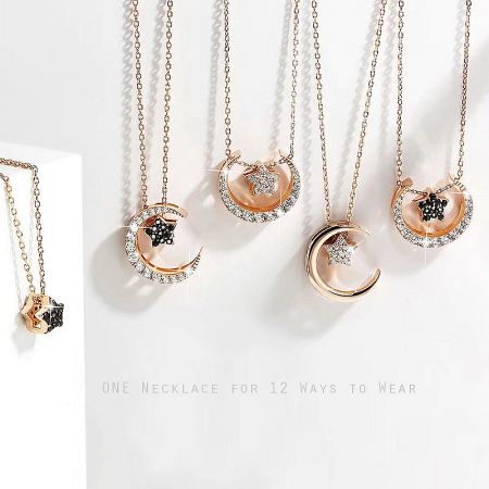 Showcasing the versatility of the rose gold necklace with interchangeable moon and star pendants.
