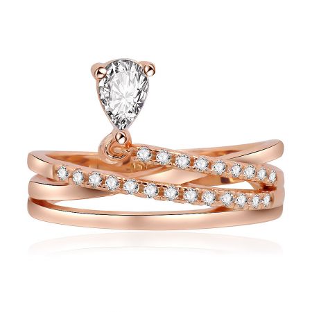 Teardrop Wedding Band Ring - A close-up of the Teardrop Wedding Band Ring, highlighting the brilliant pear-shaped cubic zirconia stone and the intricate, rose gold-plated intertwined band design.