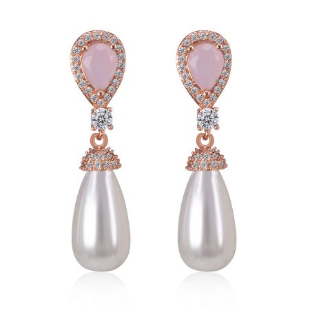 Dangle With Delight In Pink - A pair of Dangle With Delight In Pink earrings, featuring a teardrop shell pearl suspended from rose gold settings adorned with white cubic zirconia and a pink opal glass stone.