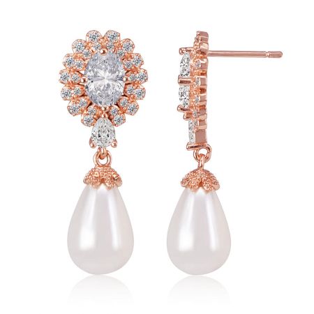 Front and back view of the rose gold teardrop pearl earrings, showcasing the detailed craftsmanship and secure post closure.