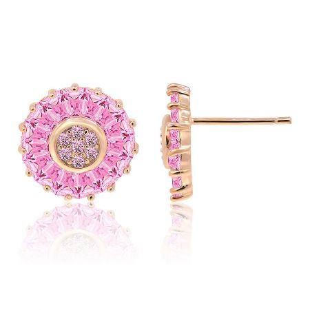 Detailed side view of the rose gold pink gemstone stud earrings, highlighting the post closure and intricate setting.