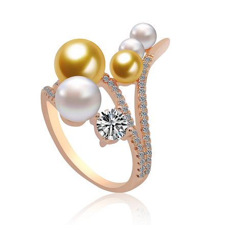 Side view of the rose gold pearl and diamond cluster ring, highlighting its high-end design.