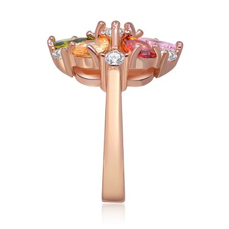Top-down view of the rose gold ring, displaying the full arrangement of multi-colored gemstones and sparkling diamond accents.