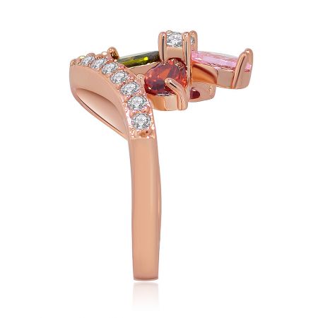 Top-down view of the Flower Rose Gold Waves Ring, displaying the full arrangement of multi-colored gemstones.