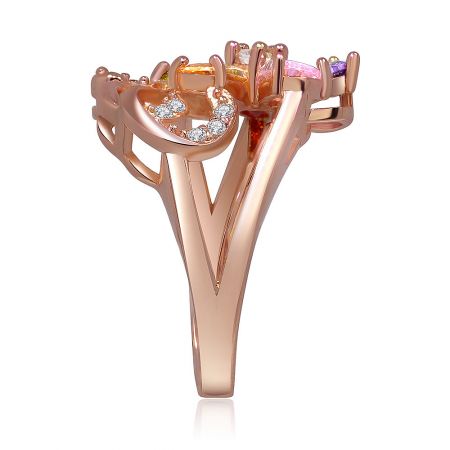 Angled view of the rose gold flower ring, displaying the split band and the arrangement of multicolored gemstones.