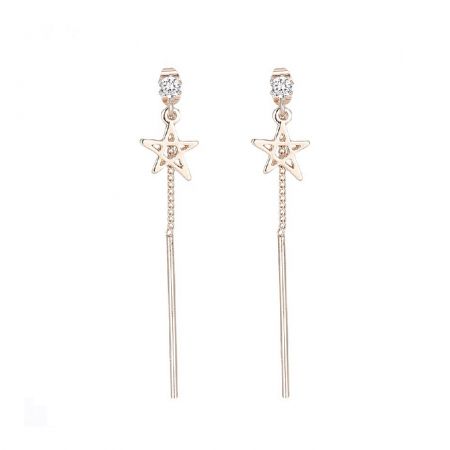 Star Chain Dangle Line Earrings - Close-up of Star Chain Dangle Line Earrings in rose gold, featuring a star shape with delicate tassels and sparkling cubic zirconia studs.