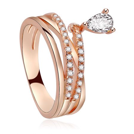 Detailed view of the rose gold teardrop ring, showing the sparkle of the cubic zirconia stones from a different angle.