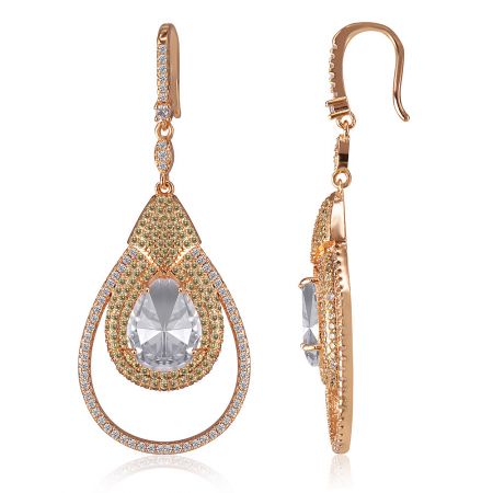 Close-up of the rose gold teardrop earrings showcasing the large central gemstone and surrounding stones.