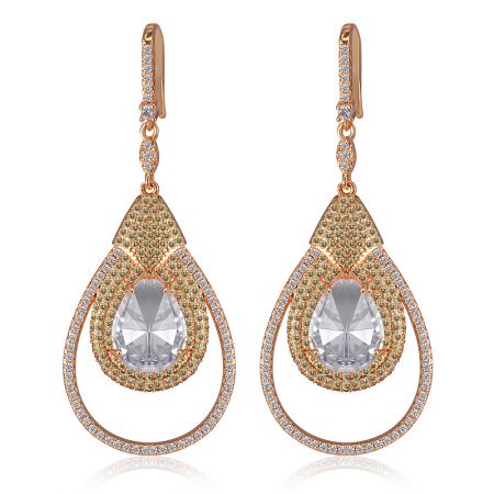 Detailed view of the Magnificent Drops earrings in a rose gold finish with brilliant crystal accents.
