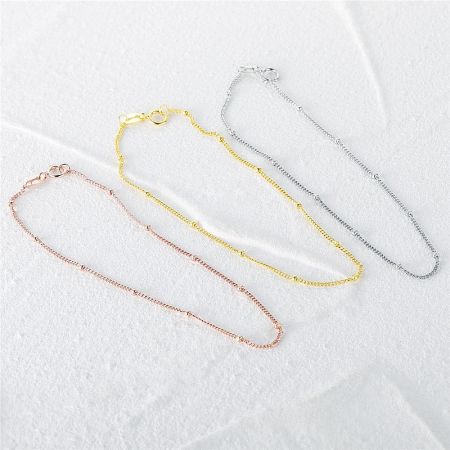 Bulk 925 Sterling Silver Mini Round Beads Chain Bracelet (Set of 5) - A set of three 925 sterling silver mini round bead chain bracelets in rose gold, yellow gold, and silver finishes, displayed on a clean white background.