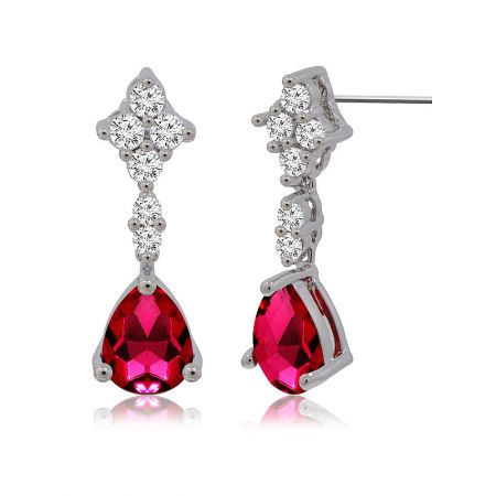 Side profile of the elegant red dangle earrings, highlighting the craftsmanship and rhodium-plated brass material.