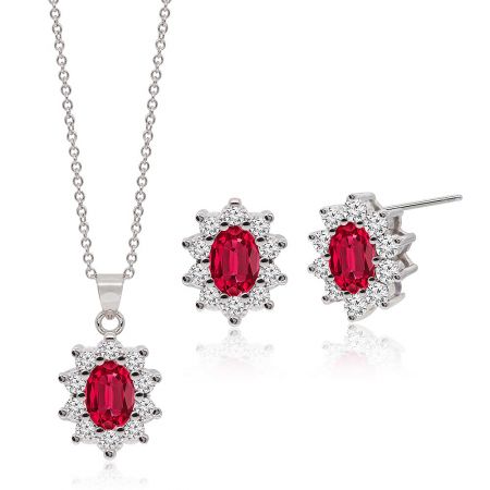 Rhodium Plated Red Gemstone Sunburst Jewelry Set - A close-up of the Rhodium Plated Red Gemstone Sunburst Jewelry Set, showcasing the necklace and stud earrings with vibrant oval red gems encircled by sparkling white cubic zirconia.