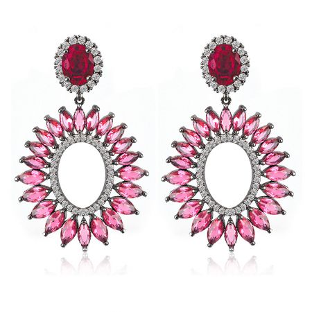 Red Radiant CZ Earrings - A pair of ornate Red Radiant CZ Earrings with red and pink gemstones and clear cubic zirconia, set in a symmetrical, dark hematite-plated metal design.