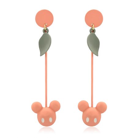 Disney Dangle Pink Earring Manufacturer - A pair of Disney-inspired dangle earrings featuring a salmon pink Mickey Mouse head charm with olive green accents, crafted from rhodium-plated brass.