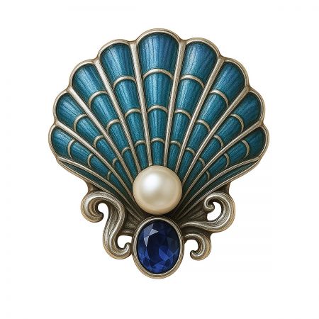 A classic seashell brooch with vibrant teal enamel, a central pearl, and a sparkling blue gemstone accent.