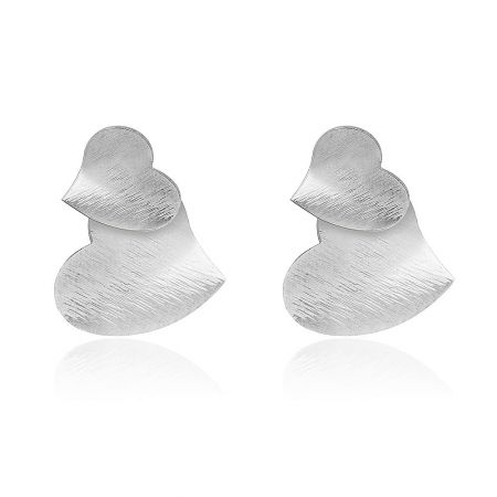 Double Heart Stud Polished Earrings - A pair of Double Heart Stud Polished Earrings in silver, featuring a unique geometric design with a brushed rhodium finish.