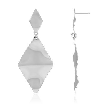 Detailed view of the geometric polished rhodium plated earrings, highlighting the intricate abstract design.