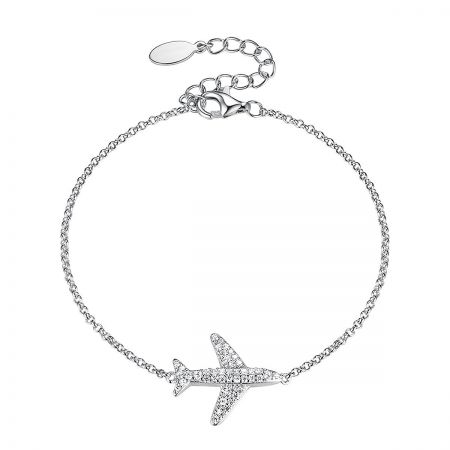 Close-up of the 925 sterling silver airplane bracelet with cubic zirconia details.